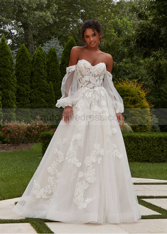 Beaded Ivory Lace Sequined Tulle Wedding Dress With Detachable Sleeves